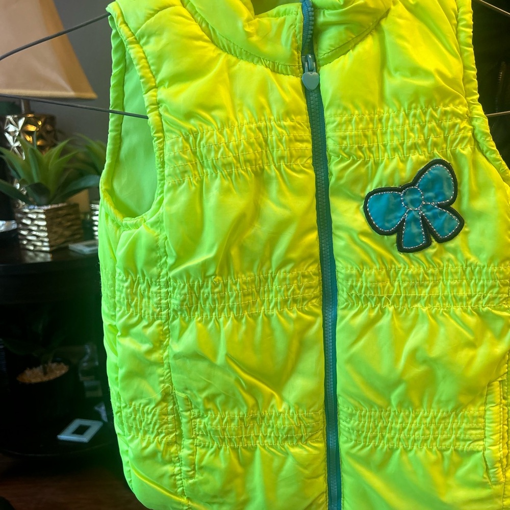 Neon Yellow Puffer Vest with Bow Patch